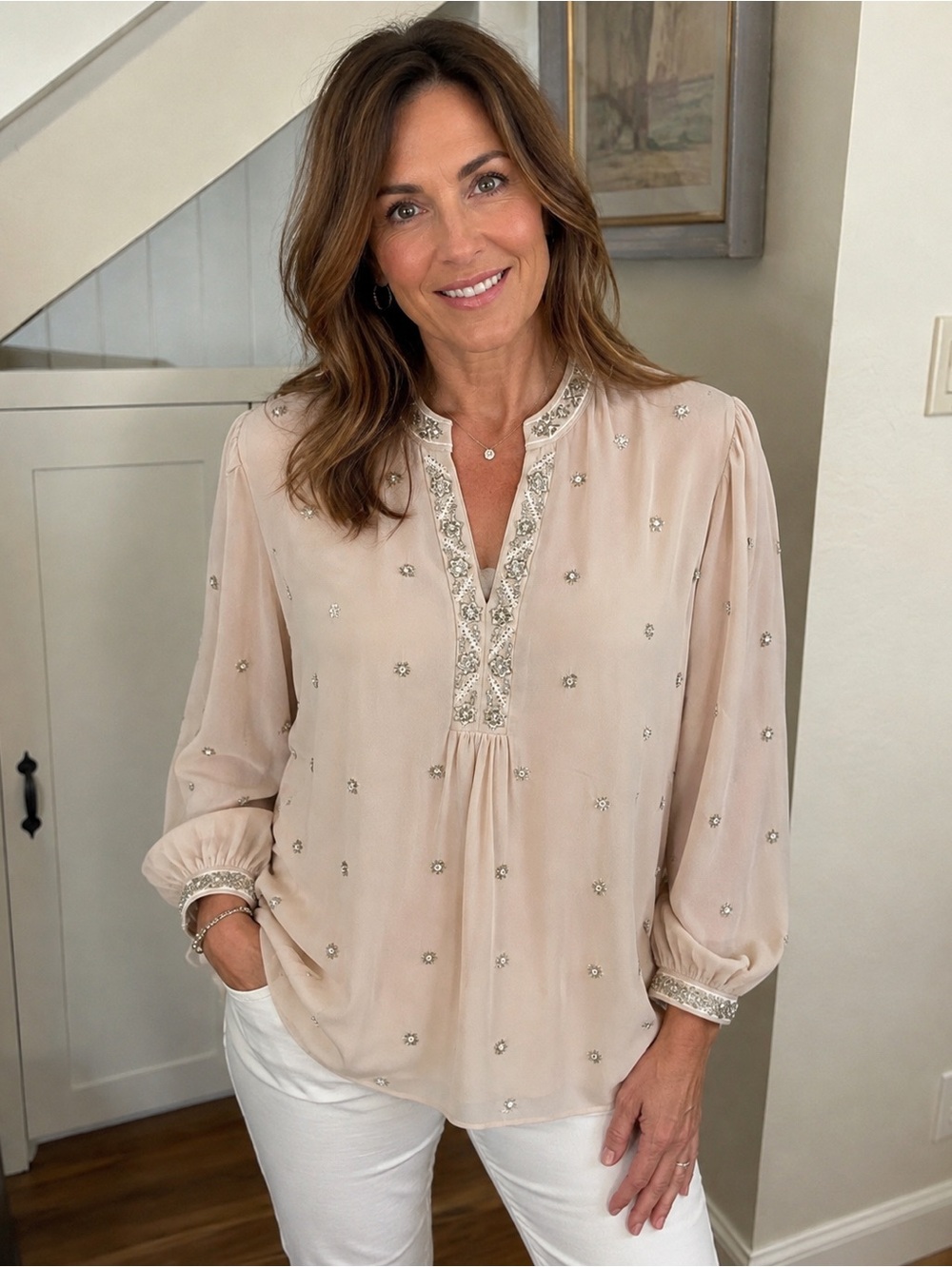 CHICO’S | Embellished Beaded Chiffon Tunic Blouse Champagne Long Sleeve | XL/3